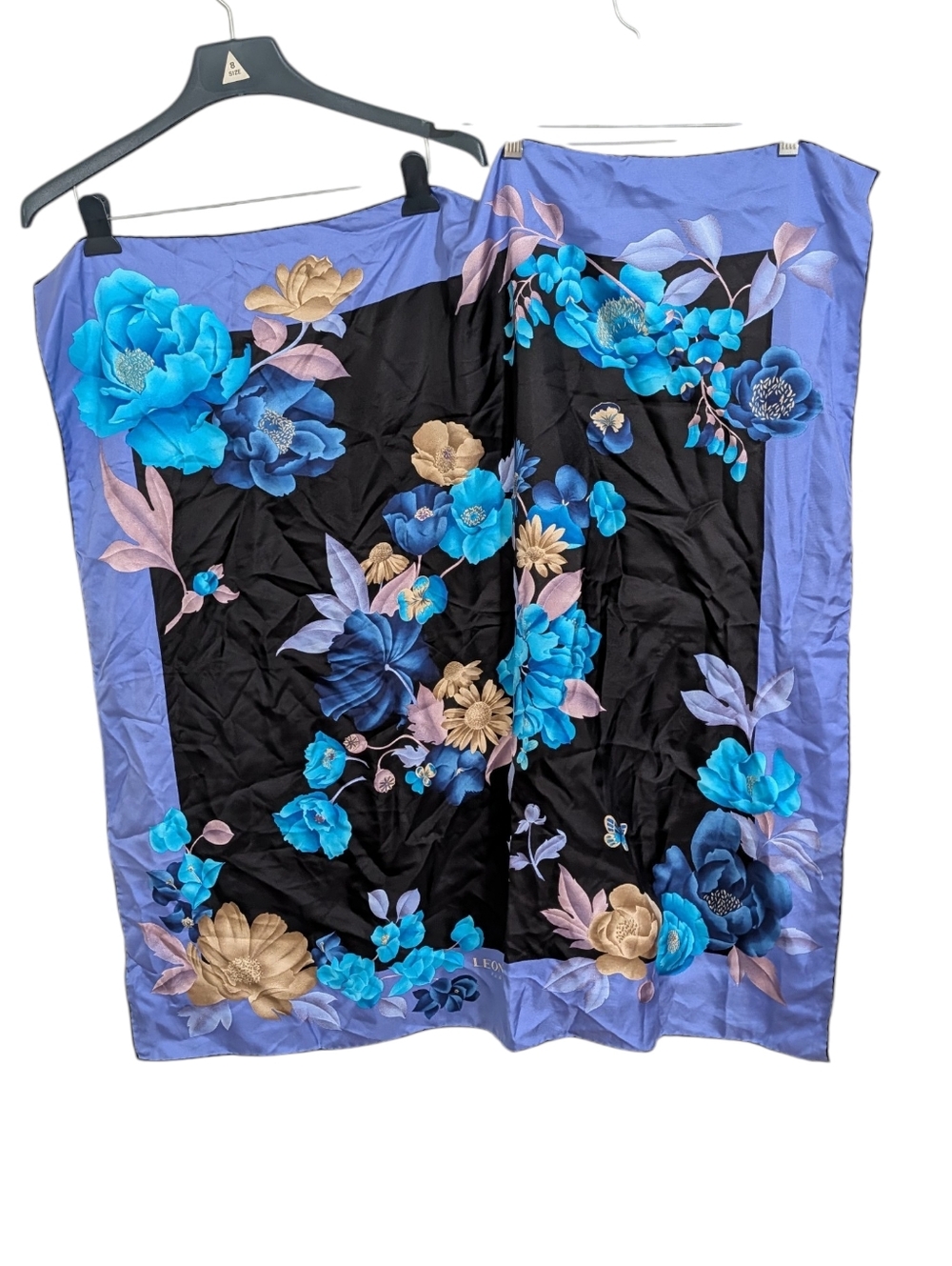 Vintage Leonard Paris Floral Silk Square Scarf Blue Black Tan 35x34